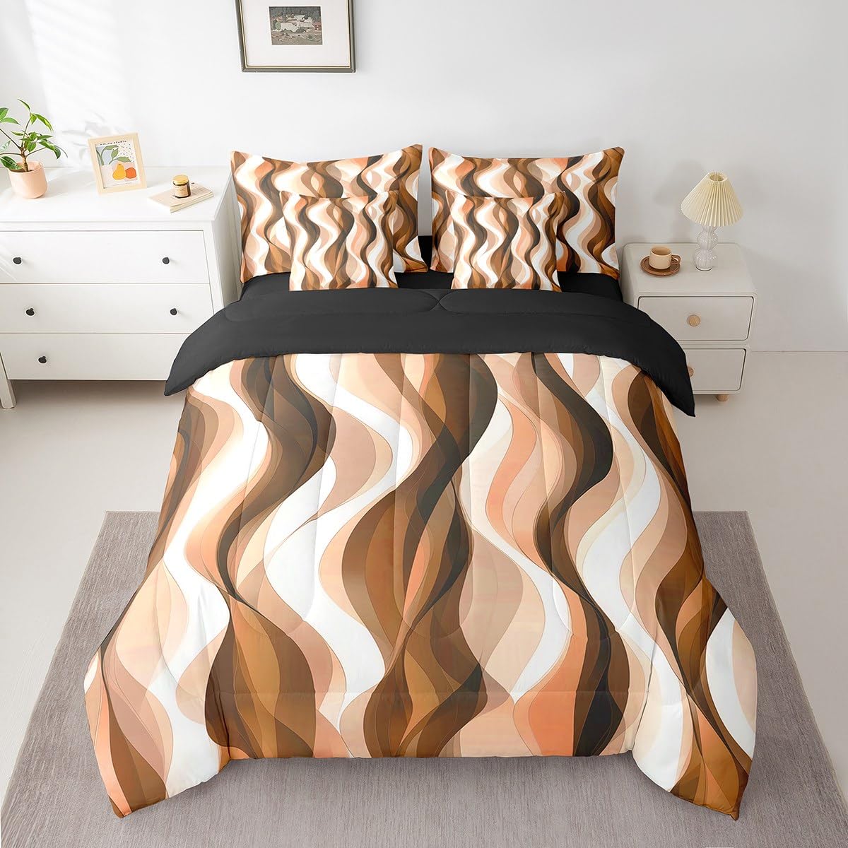 Erosebridal 7Pcs Orange Black Geometric Lines Queen Comforter Set,Striped Bed in A Bag for Minimalist Women Men Adults,Modern Aesthetics Art Quilt,Contemporary Gradient Ombre Lines Quilt