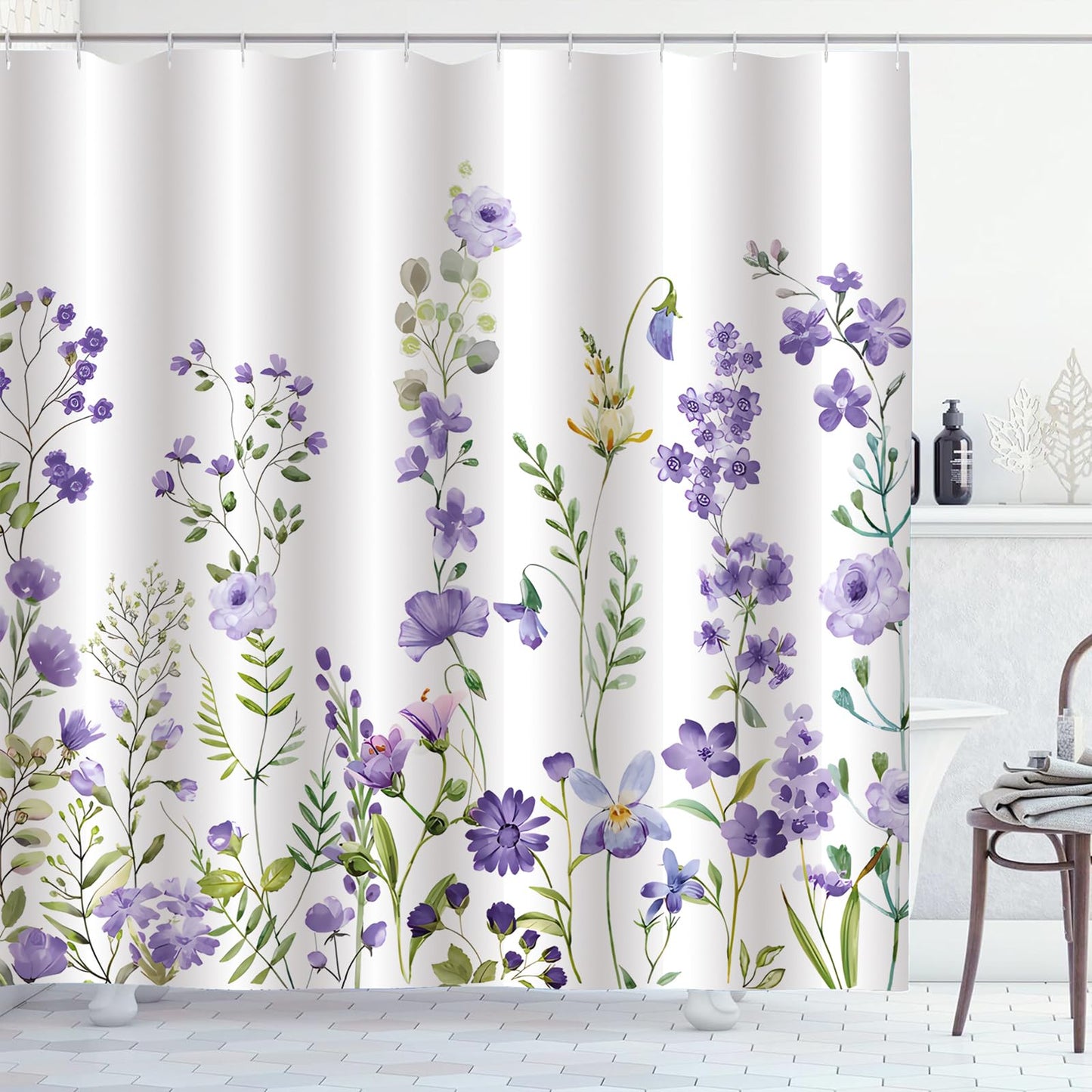 ZCHOMI Purple Spring Floral Shower Curtain Lilac Lavender Wisteria Flower Plant Shower Curtains for Bathroom Waterproof Polyester Fabric Bathroom Curtain 72 x 72 Inch with 12 Plastic Hooks
