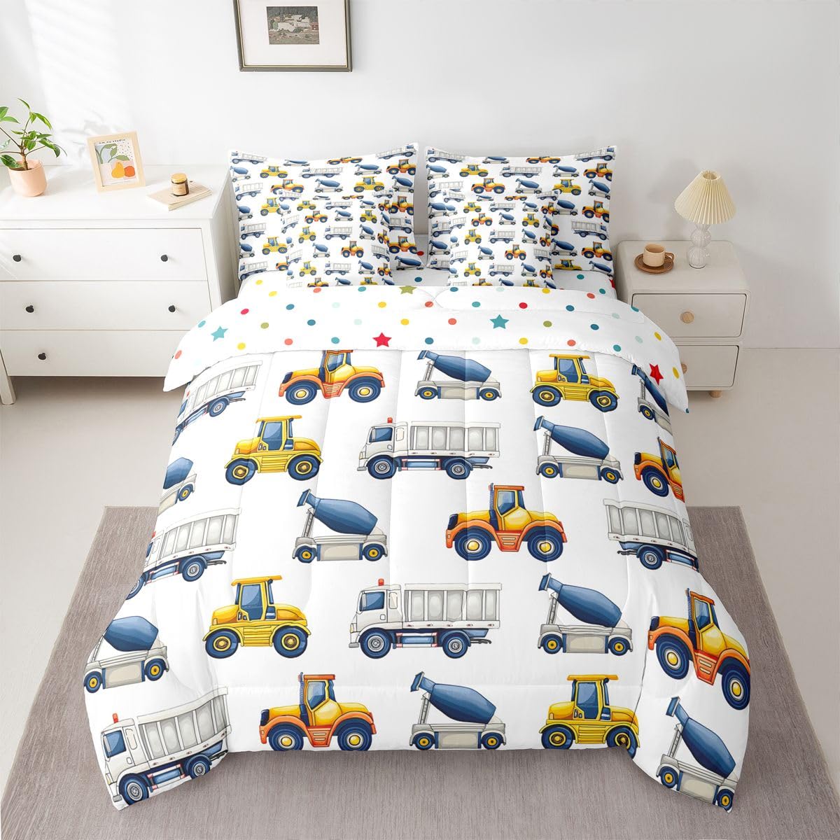 jejeloiu Excavator Comforter Set Twin Size 7 Pieces Construction Vehicles Bedding Set Equipment Trucks Bed in a Bag with Comforter, Sheets, Pillowcases, Cushion Covers Bedroom Decor