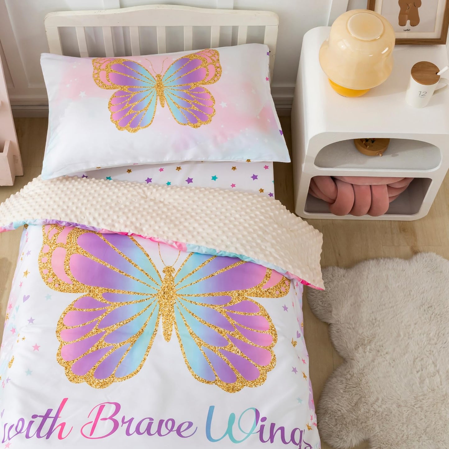 PINNKKU 4-Piece Toddler Bedding Set, Includes 1 Flat Sheet, 1 Fitted Sheet, 1 Comforter and 1 Reversible Pillowcase, Standard Toddler Comforter & Sheet Set, Ultra Soft Toddler Bed Set, Butterfly