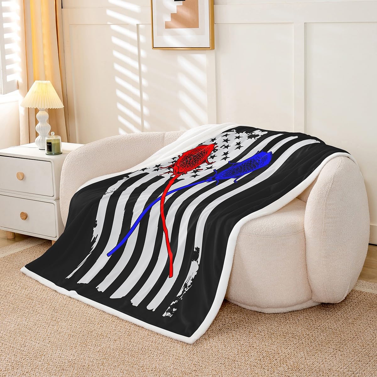 Lacrosse Sherpa Fleece Throw Blanket - American Flag Plush Blanket for Bed, Sofa, Couch - 40"x50" - Sports Games & Hockey Player Decor