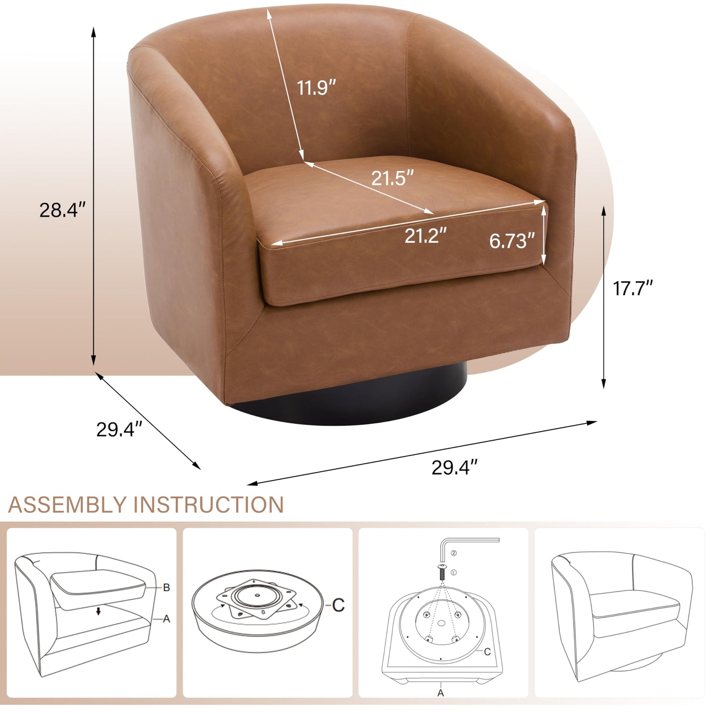 Pia Ricco Swivel Accent Chairs Set of 2, Faux Leather 360° Swivel Round Barrel Chair, Comfy Upholstered Fabric Single Sofa Club Armchair for Living Room/Reading Room, Brown