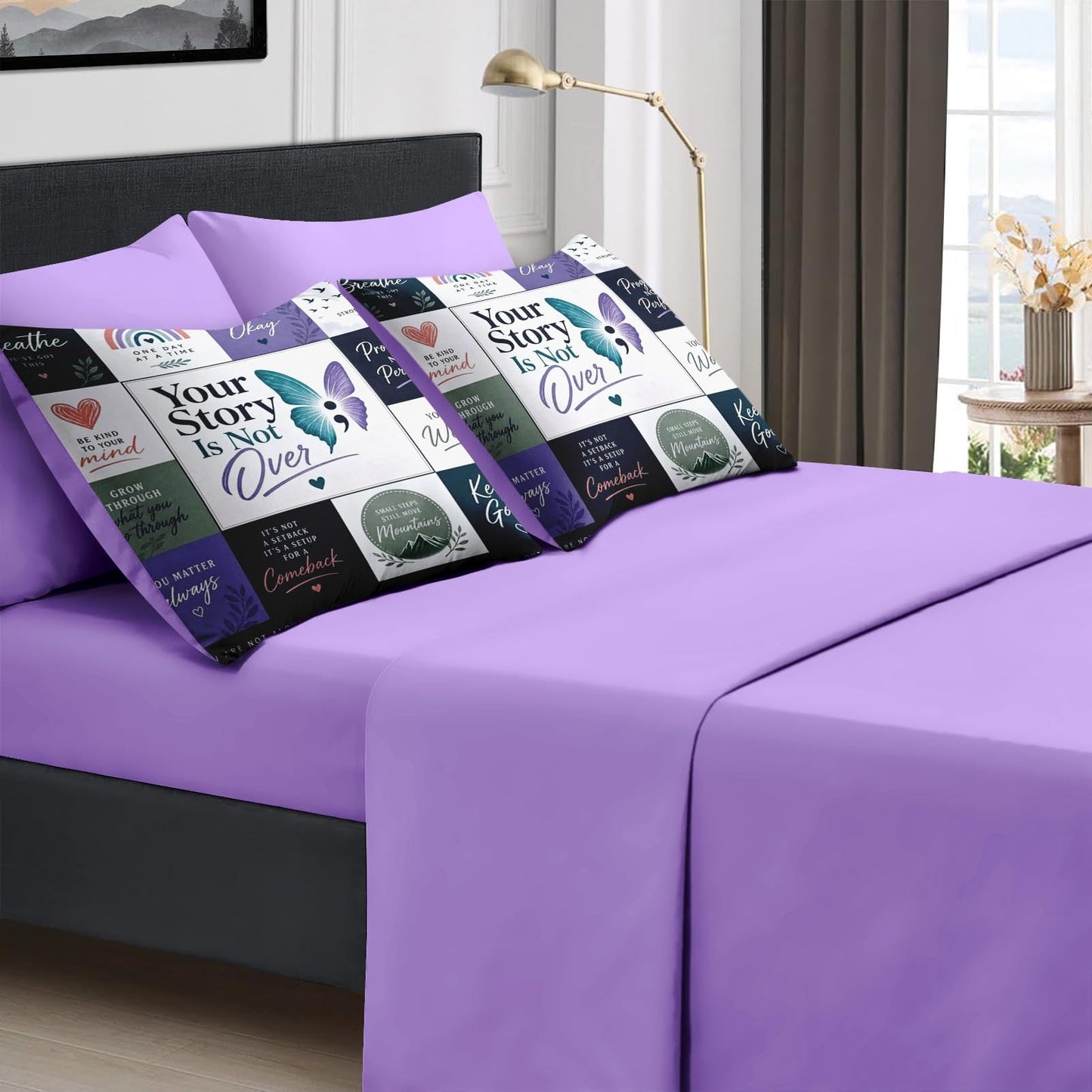 Boewywh Comforter Set Twin Size Inspirational Motivational Butterfly 7 Pcs, Bedding for Kids and Adults, Bed Sheet Sets with Fitted Sheet 2 Pillowcases & 2 Shams for Bedroom Bed Decor