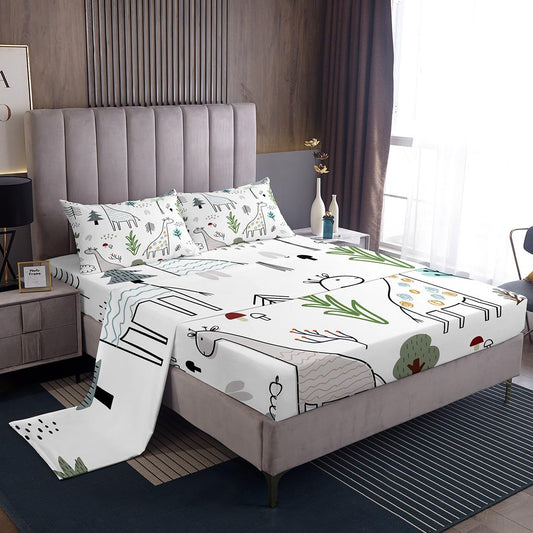Cartoon Giraffe Bed Sheet Set Twin Size,Hand Painting Giraffes Leaves Sheet Set Kids Teens,Cartoon Wild Animals Bedding Decor Set with 1 Flat & 1 Fitted Sheet with 1 Pillow Sham