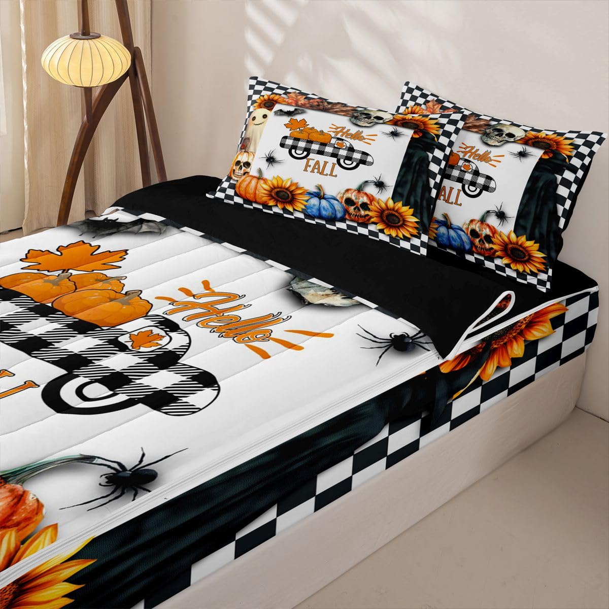 Feelyou Pumpkin Car Zipper Bedding Sets Kids Sugar Skull Bat Print Queen Comforter Set with Fitted Sheet Autumn Plants Themed Plaid Comforter Halloween Style Bed in A Bag