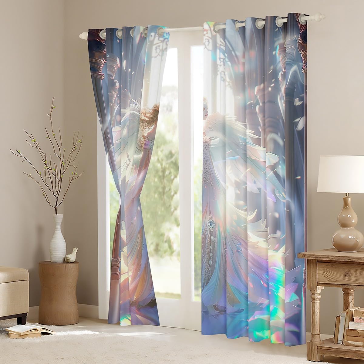 Erosebridal Girls Angel Blackout Curtains 2 Panels,38"x45",Angel Wings Curtains,Palace Window Curtains & Drapes,3D Printed Rainbow Darkening Curtains,Luxury White