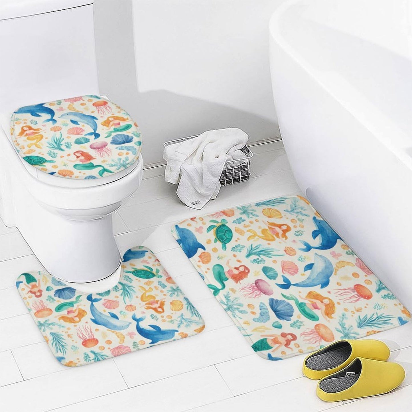 INSFBRB Cute Watercolor Dolphin Shower Curtain Sets with Rug,Toilet Lid Cover and Bath Mat,Cartoon Funny Ocean Mermaid Seashell Wildlife Jellyfish Sea Turtle 4 Piece Bathroom Set