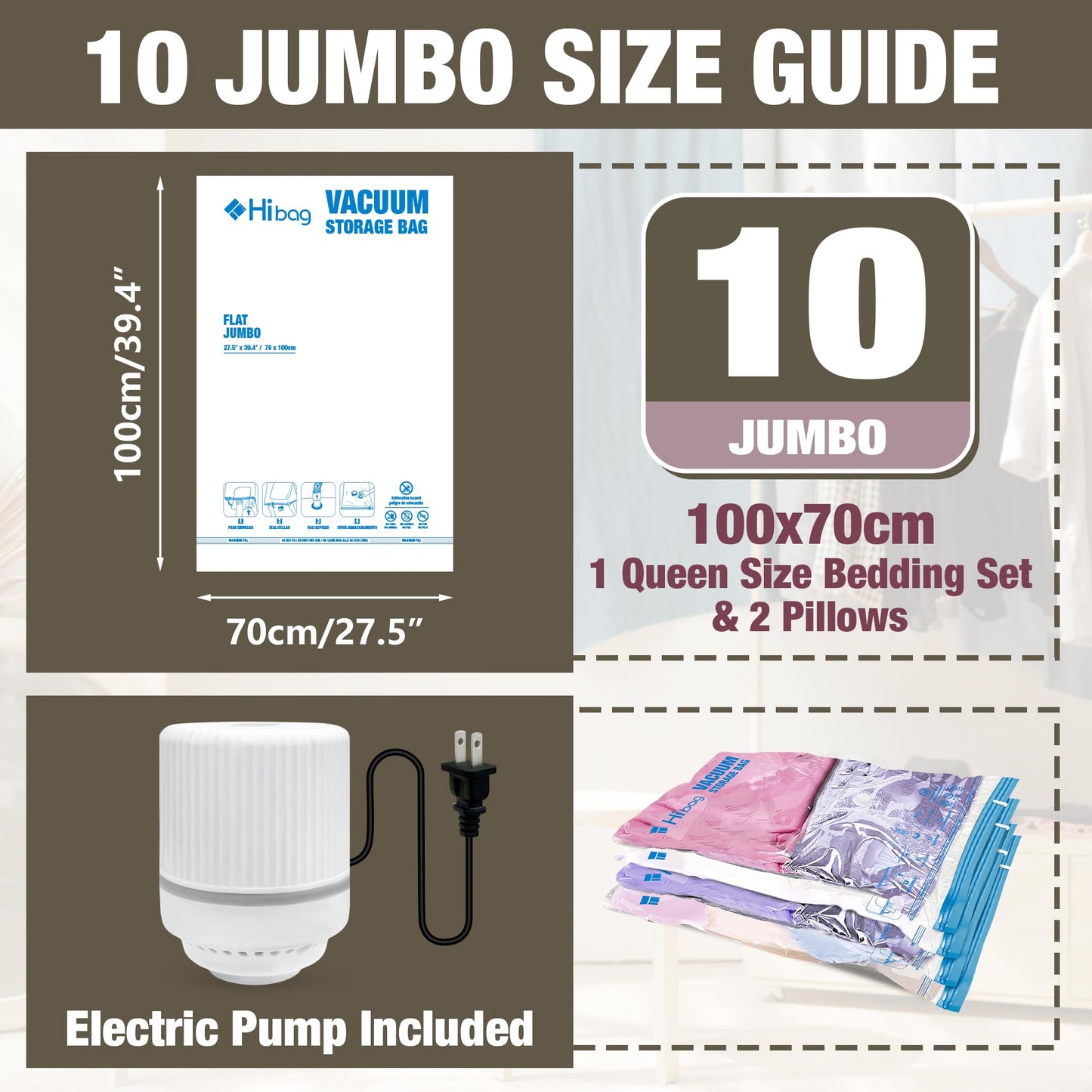 HIBAG Vacuum Storage Bags with Electric Pump, Vacuum Seal Bags for Clothing, Pillows, Blanket Bedding Comforters, 10 pack Jumbo