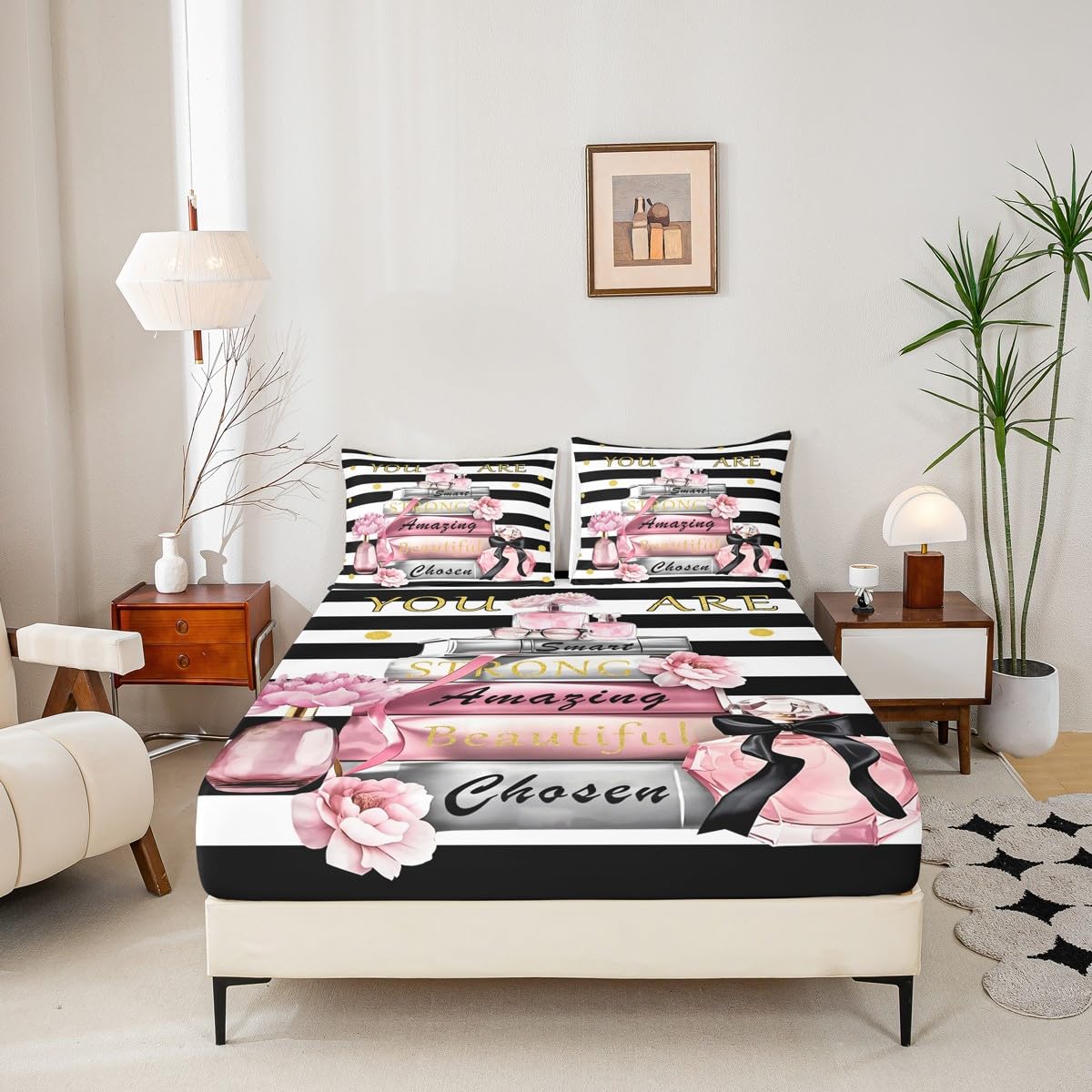 Erosebridal Black and Pink Bed Sheets King Size Girly Inspirational Cute Sheet Set for Girls Women You are Black and White Striped Modern Sheets Books Perfume Fashion Girls Flower Bedding Set