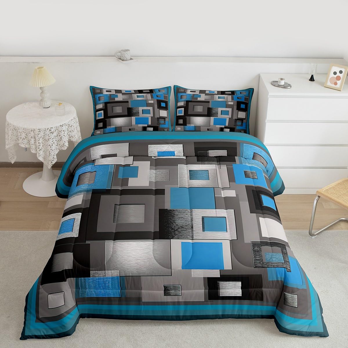 Castle Fairy Modern Comforter Set Queen Size,Blue White Gray Square Bedding Set for Kids Boys Girls Bedroom Decoration,Abstract Grid Art Bed Duvet Insert,Geometric Comforter with 2 Pillowcase