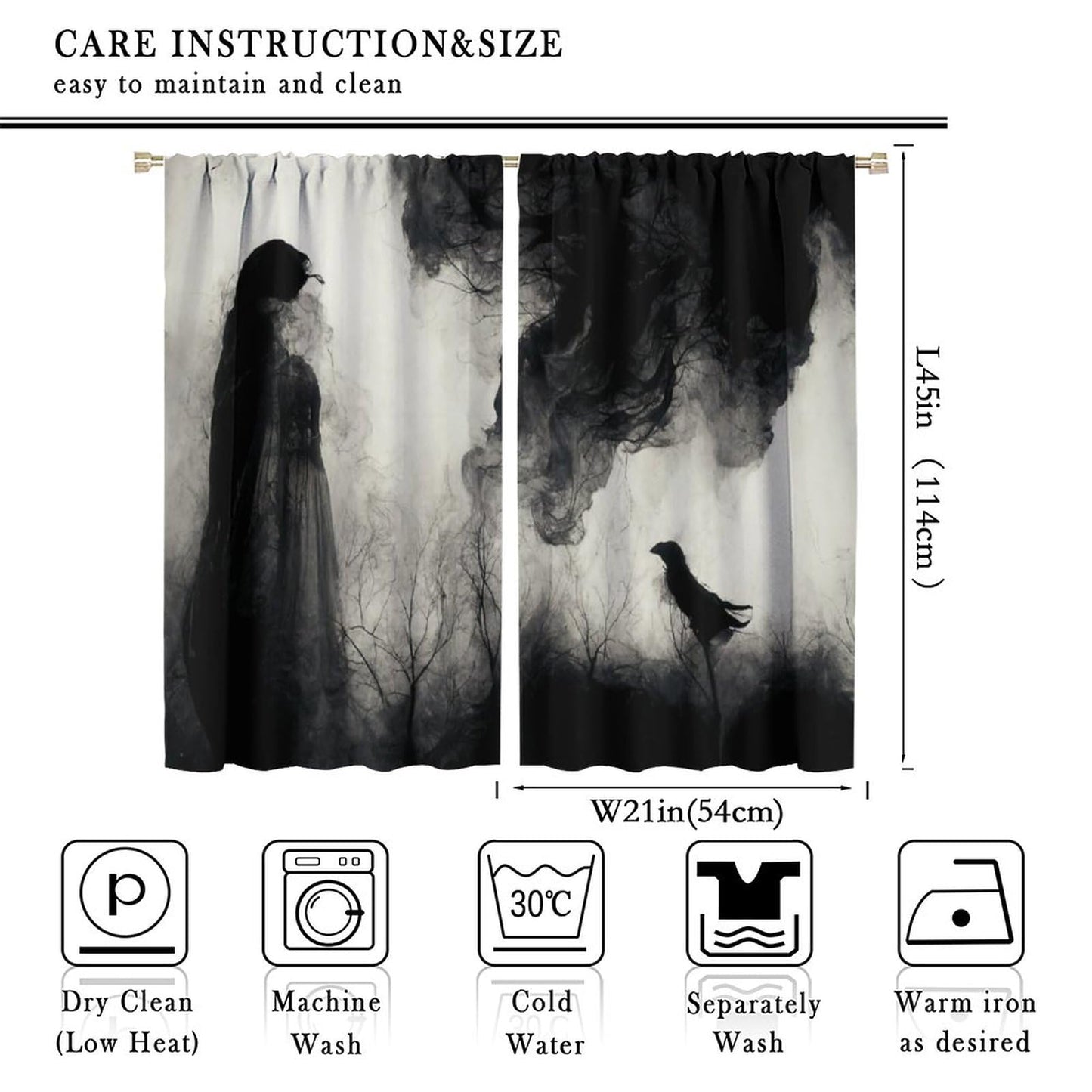 Halloween Misty Forest Curtains, Gothic Foggy Night Silhouette Birds Black Raven Crow Room Darkening Door Window Rod Pocket Curtain for Living Room Bedroom W42xL45in