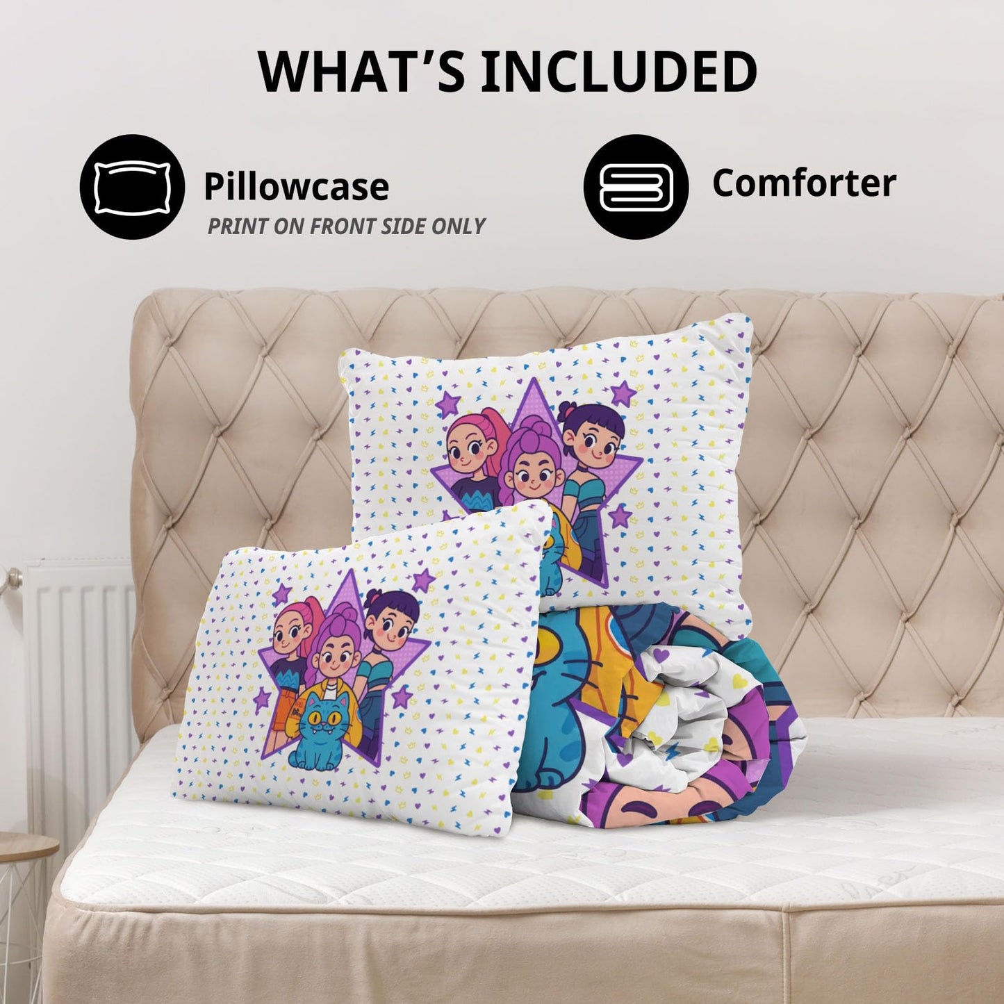 Allenjoy Cute Korean Anime Hunter Comforter Set with 1 Pillowcase for Girls Teens Women Fans Daughter Bedroom Nursery Bedding Room Decor, Machine Washable Durable Twin Size