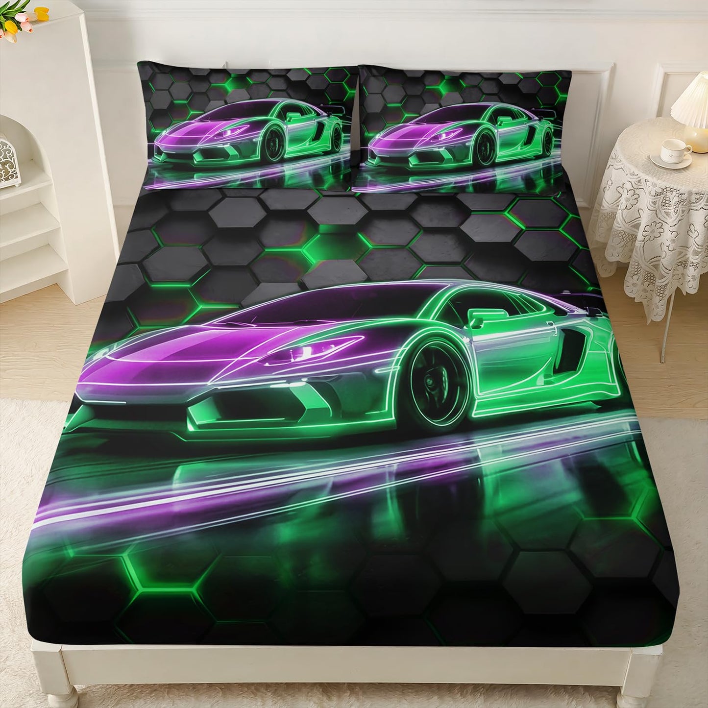 HOSIMA Kids Race Car Twin Fitted Sheet,Hexagon Geometric Honeycomb Pattern Cool Extreme Sports Gaming Bedding for Boys Men Car Room Decor,1 Fitted Sheet+2 Pillowcases.