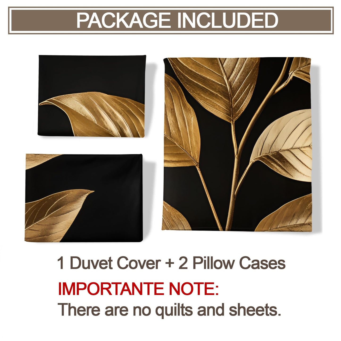 QINYUN Gold Leaves Duvet Cover King Size, Gold Tropical Leaves Bedding Set 3 Piece Bedroom Decor Modern Black Comforter Cover with Zipper Ties & 2 Pillowcases