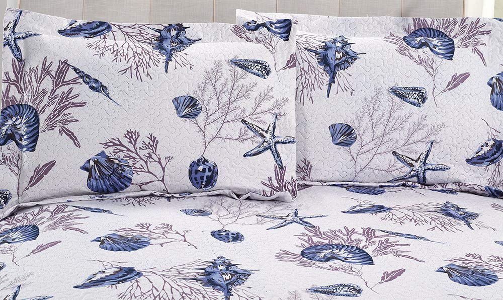 King Size Beach Quilt Set - Lightweight Reversible Quilt, Bedspread & Coverlet - Coastal Ocean Bedding - Starfish & Conch Shell Home Decor - Blue