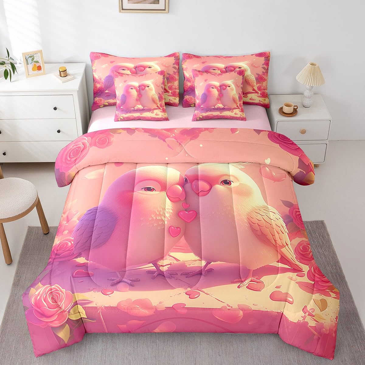Erosebridal Cute Cardinal Couple Full Comforter Set for Girls Women,Pink Roses Valentine's Day Bed in A Bag Cartoon Animal Lovers 7 Piece Bedding Set Romantic Love Heart Flowers Bed Set
