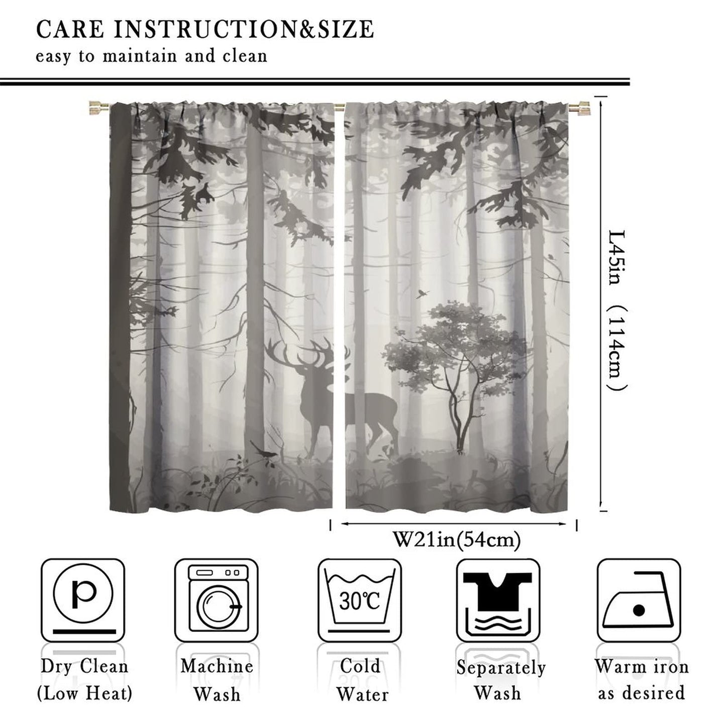 Deer Blackout Curtain,Grey Misty Forest Rustic Wildlife Moose Mountain Elk Pine Forest Silhouette Window Curtains for Living Room Office Decor Window Drapes,2 Panels W42 xL45