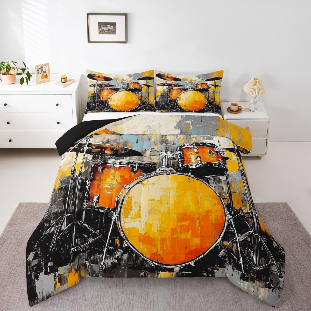 Erosebridal Drum Kit Comforter Set Queen Rock Music Instruments Bedding Set Watercolor Drum Kit Comforter for Kids Boys Girls,Drum Lovers Quilt Duvet