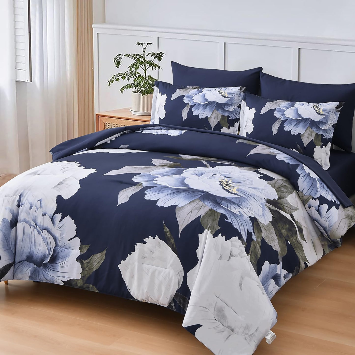 Dobuyly Navy Blue Comforter Set Queen Size 7 Piece Bed in a Bag, Floral Comforter Set with Sheets, Soft Microfiber Botanical Flowers Complete Bedding Set for All Season