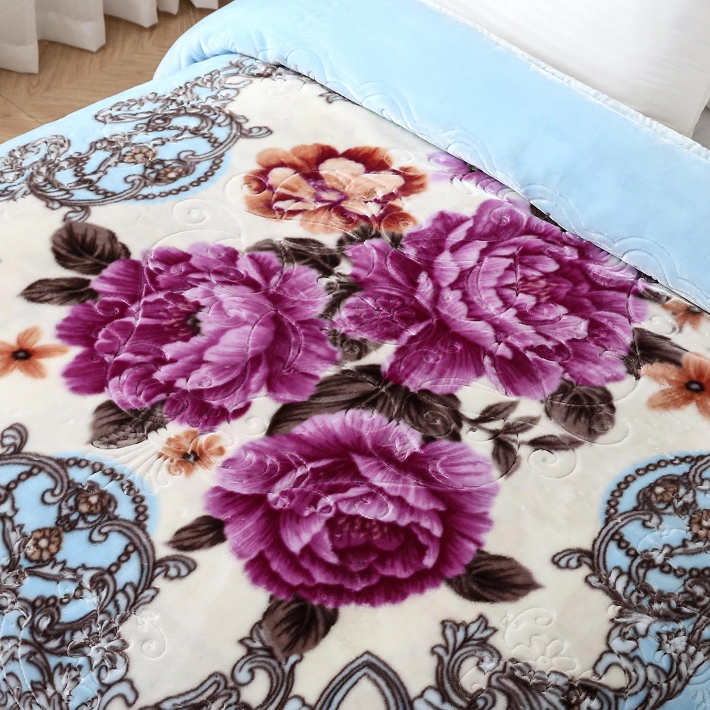JYK Korean Style Mink Fleece Blanket Queen Size 75" x 87", 5 Pounds - 2 Ply Reversible Silky Soft Plush Warm, Comfy Blanket for Spring Autumn, Winter as Home Decor - Blue/Purple Peony