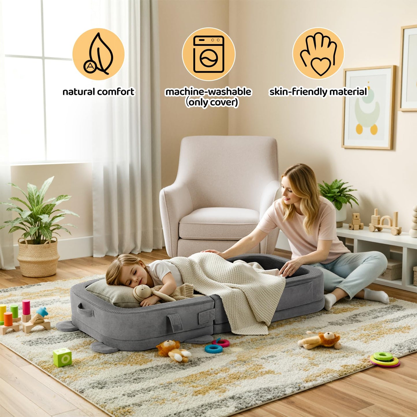 MAMIZO Toddler Travel Bed, Portable Toddler Bed with High Density Foam for Baby and Kids, Washable Cover Travel Crib with Safety Rail for Home, Hotel, Family Visits and Camping, DreamyBear