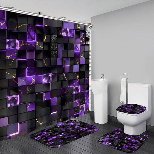 LQCOOL 4Pcs Black and Purple Shower Curtain Set 3D Cubes Bathroom Sets Modern Shower Curtain Set for Bathroom Sets with Rugs and 12 Hooks