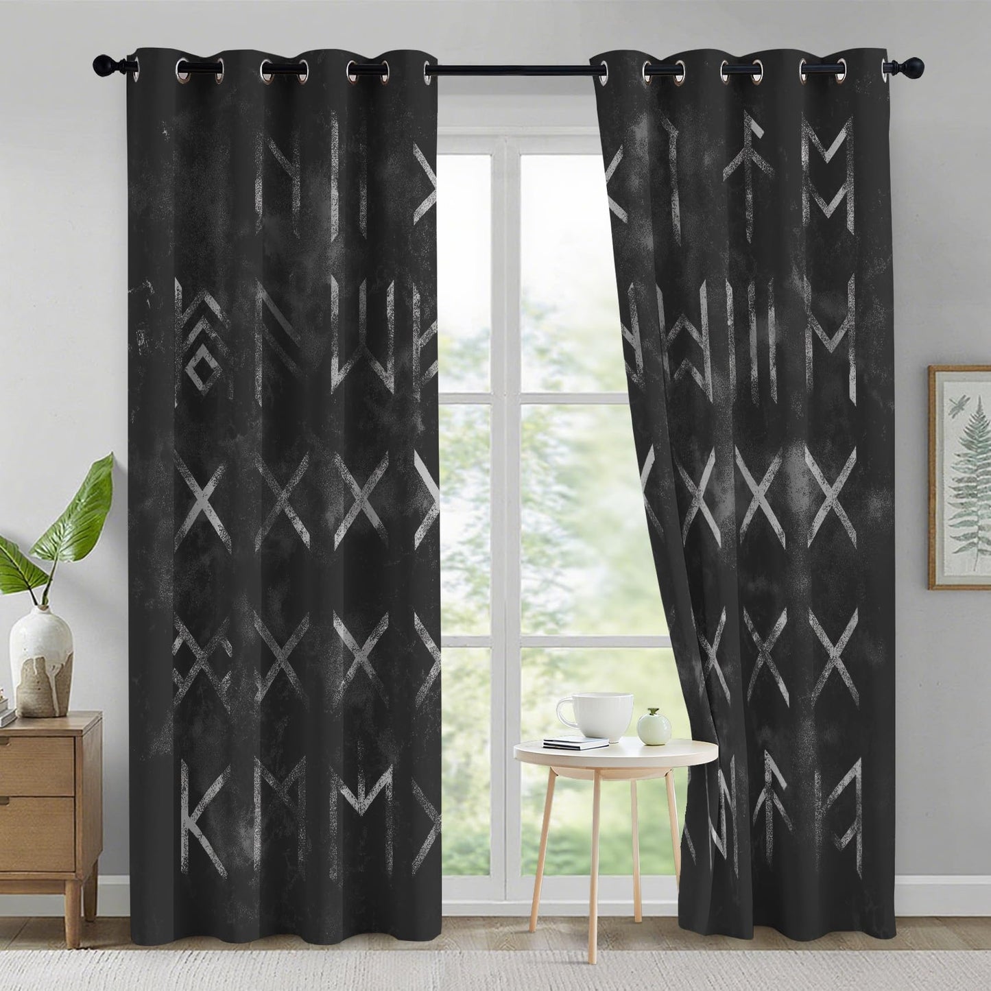 95% Blackout Viking Curtains - Norse Mythology Curtains for Bedroom Living Room Decor, Rune Home Decor, Thermal Grommet Black Out Drapes 84 Inches Long 2 Panel Set X62