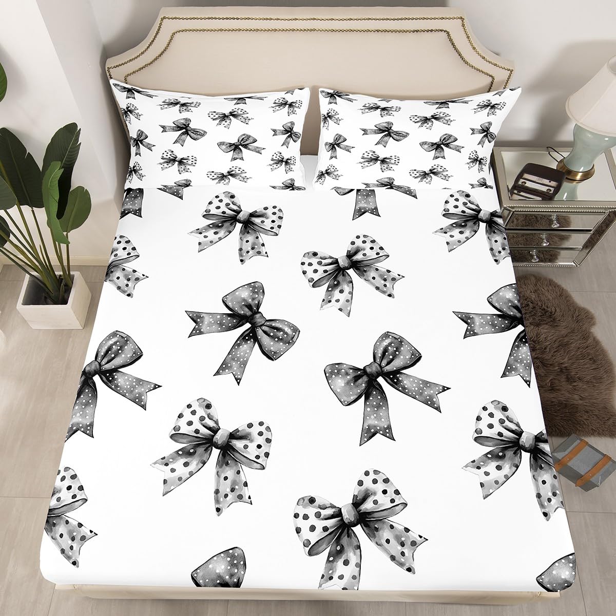 Erosebridal Bow Sheet Set Twin Ribbon Black Bow Bed Sheets Set Coquette Bowknot with Dots Sheets for Boys Girls Dreamy Princess Bowtie Flat Fitted Sheet with 1 Pillow Case
