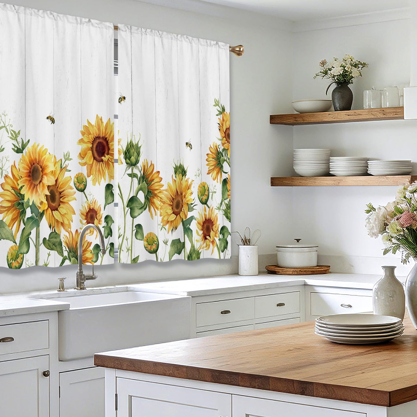 Cizuug Sunflower Farmhouse Kitchen Curtains Yellow Floral Flower Country Rustic Small Short Cafe Window Curtains Country Plant Rod Pocket Bathroom Window Drapes Treatment Curtains 2 Panels