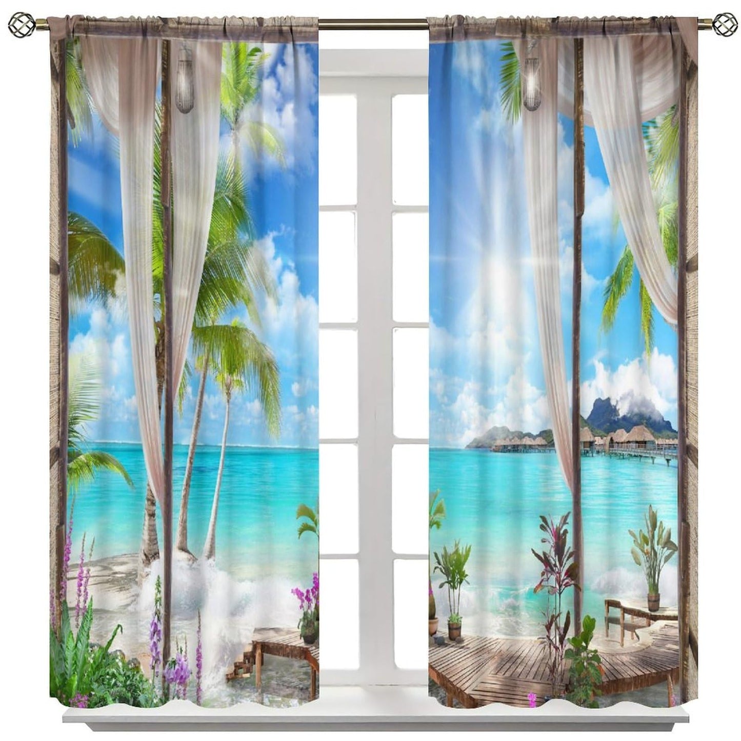 Nitmbi Sunlight Beach Curtains,Tropical Ocean Sea Island Palm Tree Summer Scape Pattern Drapes Window 2 Panel Rod Pocket Curtain for Bedroom Living Room Decor 42" W X 45" L