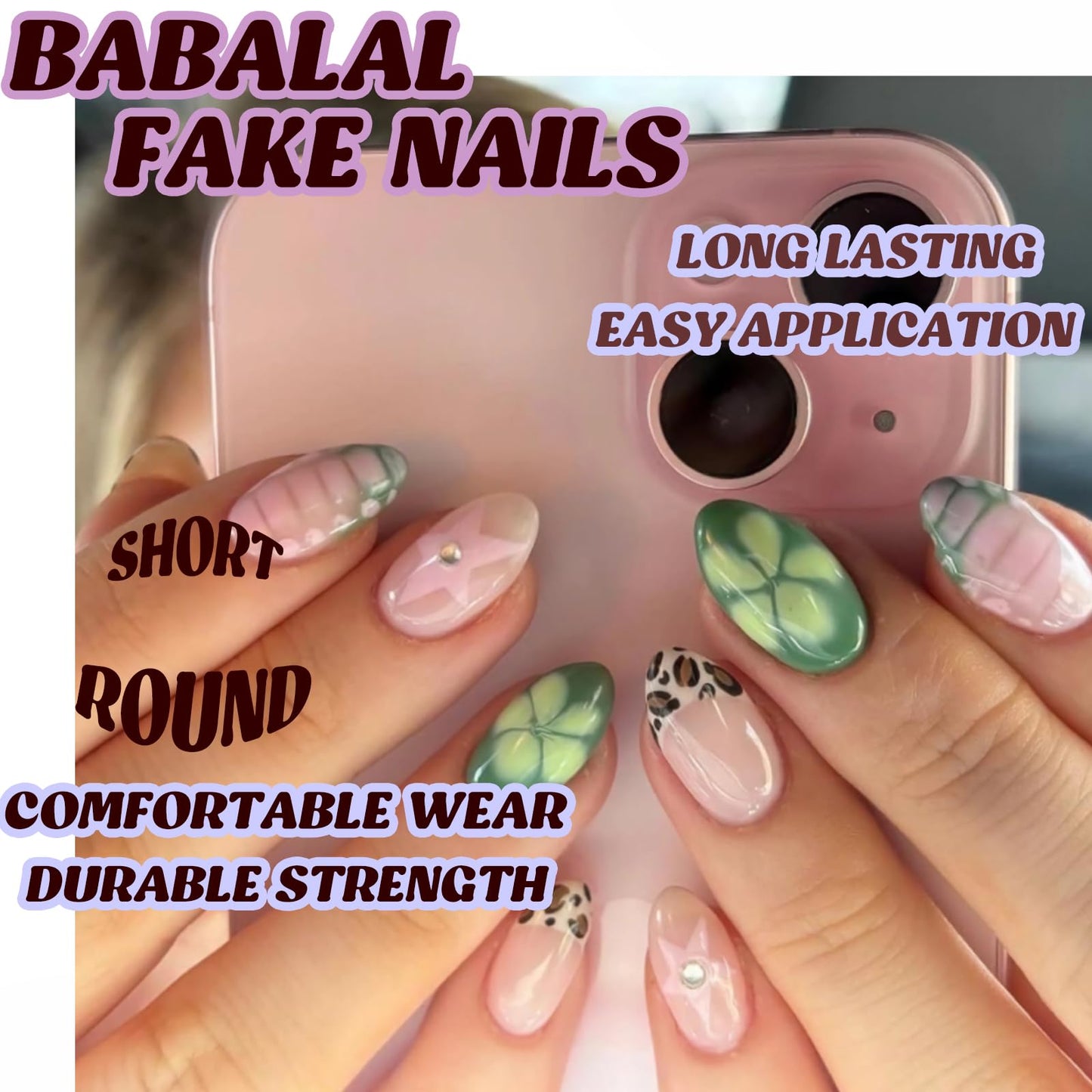 BABALAL Press on False Nails Short Oval Fake Nails Green French Tip Glue on Acrylic nails Flower Star Y2k Cow Print with Design 24Pcs Round Full Cover Stick on for Women Girls