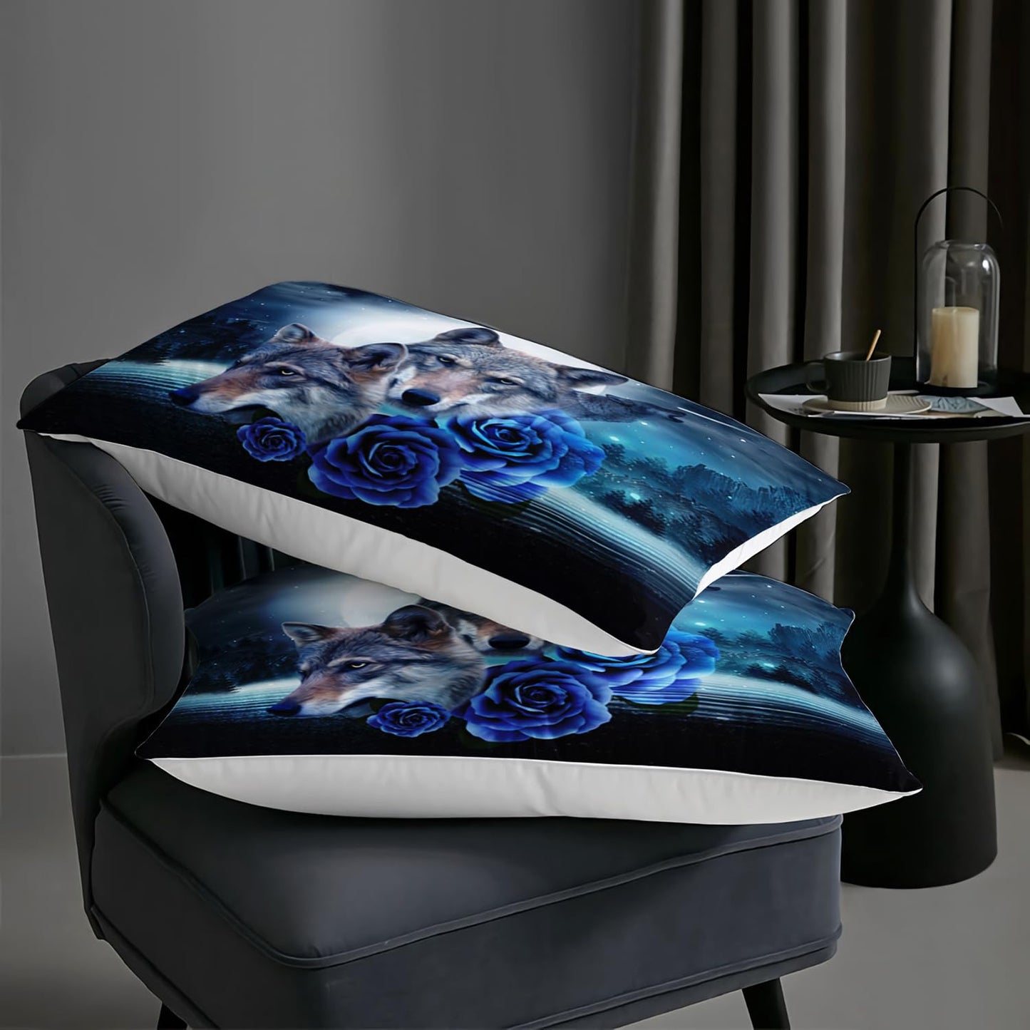AILONEN Howling Wolf Comforter Set Queen Size,Blue Rose Wolf Bedding Sets,Wolf Head Pattern Comforter Set,Galaxy Moon Wolves Duvet Set 3 Pieces, 1 Quilt and 2 Pillowcases