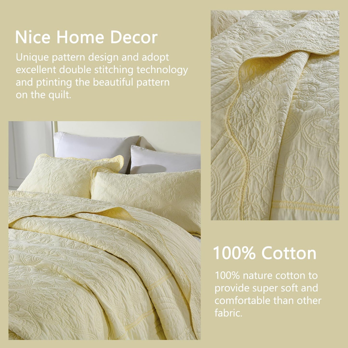 Finlonte Oversized Queen Bedspread 120"x102" - 100% Cotton Floral Embroidery Quilted Bedspread, Solid Cream Bedspread Coverlet Set, Lightweight Soft Extra Large Queen Quilt with 2 Pillowshams