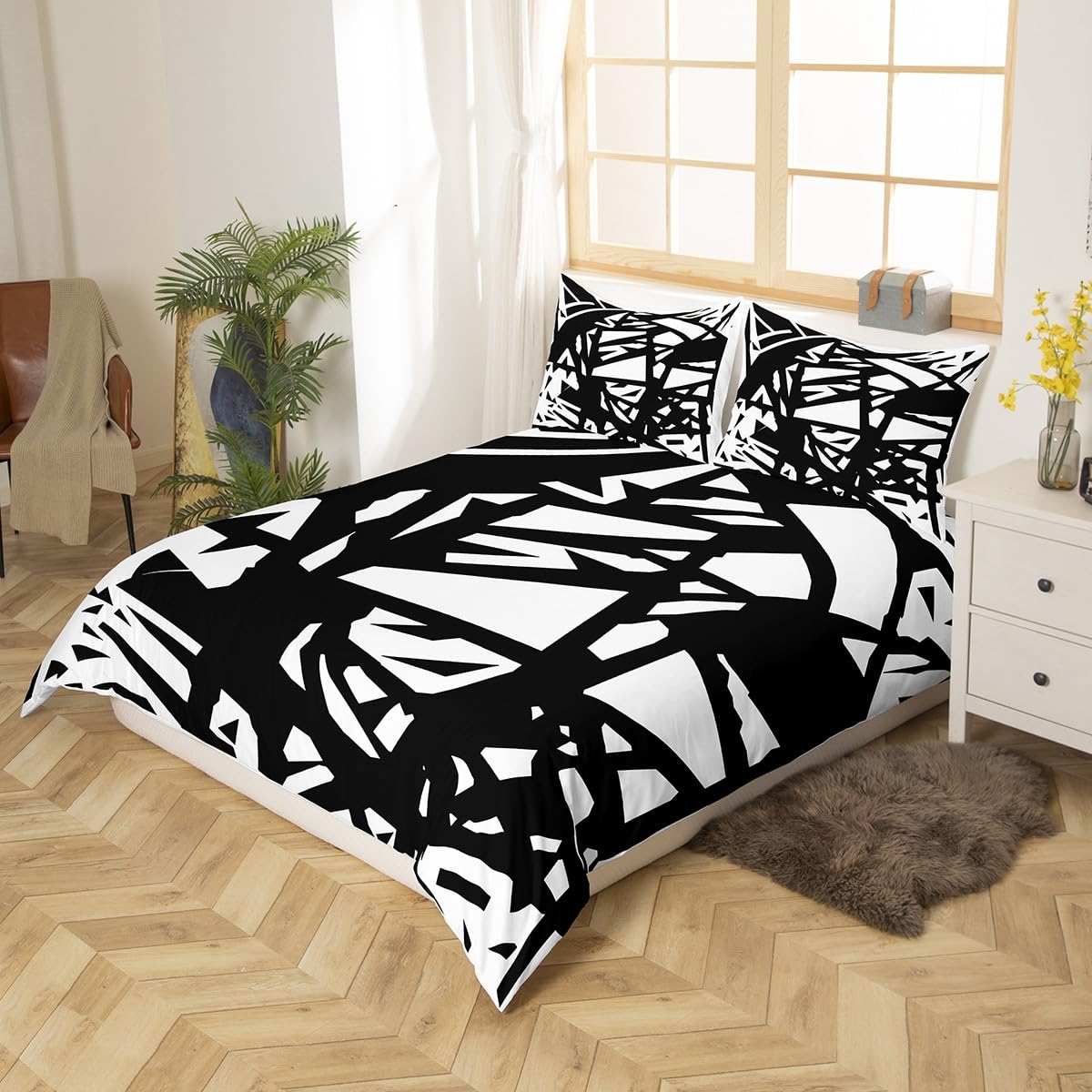 Feelyou Kids White and Black Bedding Set Queen Size Geometric Stripes Comforter Cover Set for Boys Girls Modern Striped Art Duvet Cover Abstarct Art Bedspread Cover (No Comforter)