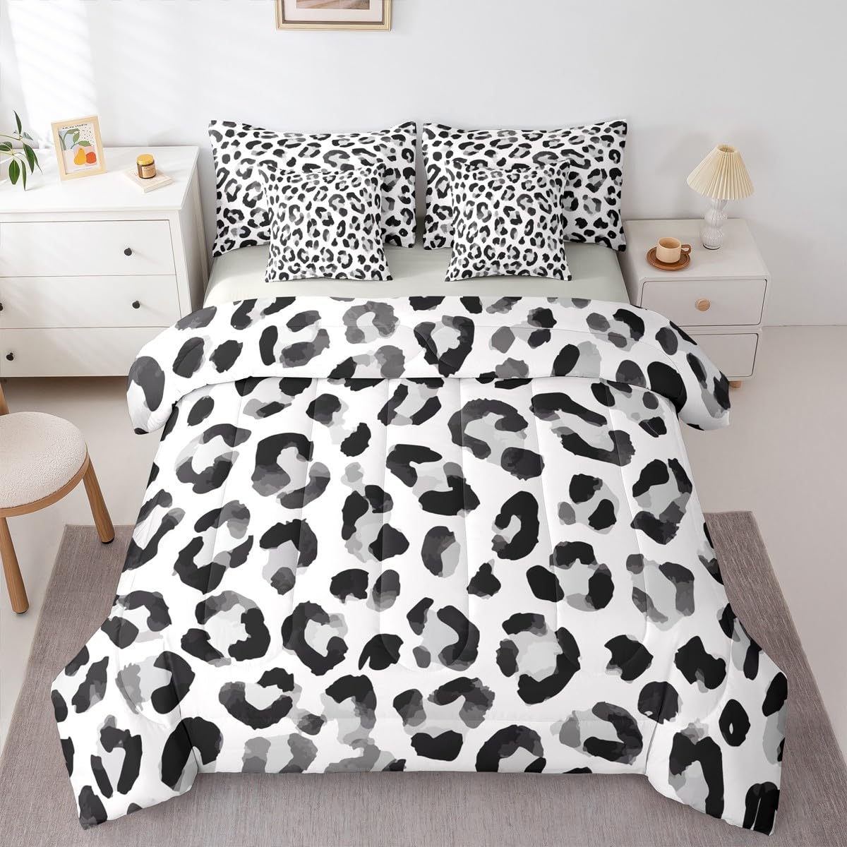 Erosebridal 7 Pcs Comforter Set King Size,Leopard Print Wild Animal Bedding Set for Kids and Adults,Black Grey White African Cheetah Wildlife Bed Sheet Sets with Fitted Sheet Pillowcases & Shams