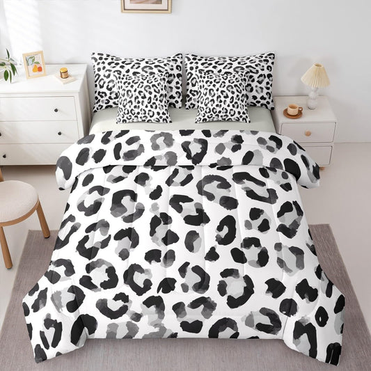 Erosebridal 7 Pcs Comforter Set King Size,Leopard Print Wild Animal Bedding Set for Kids and Adults,Black Grey White African Cheetah Wildlife Bed Sheet Sets with Fitted Sheet Pillowcases & Shams