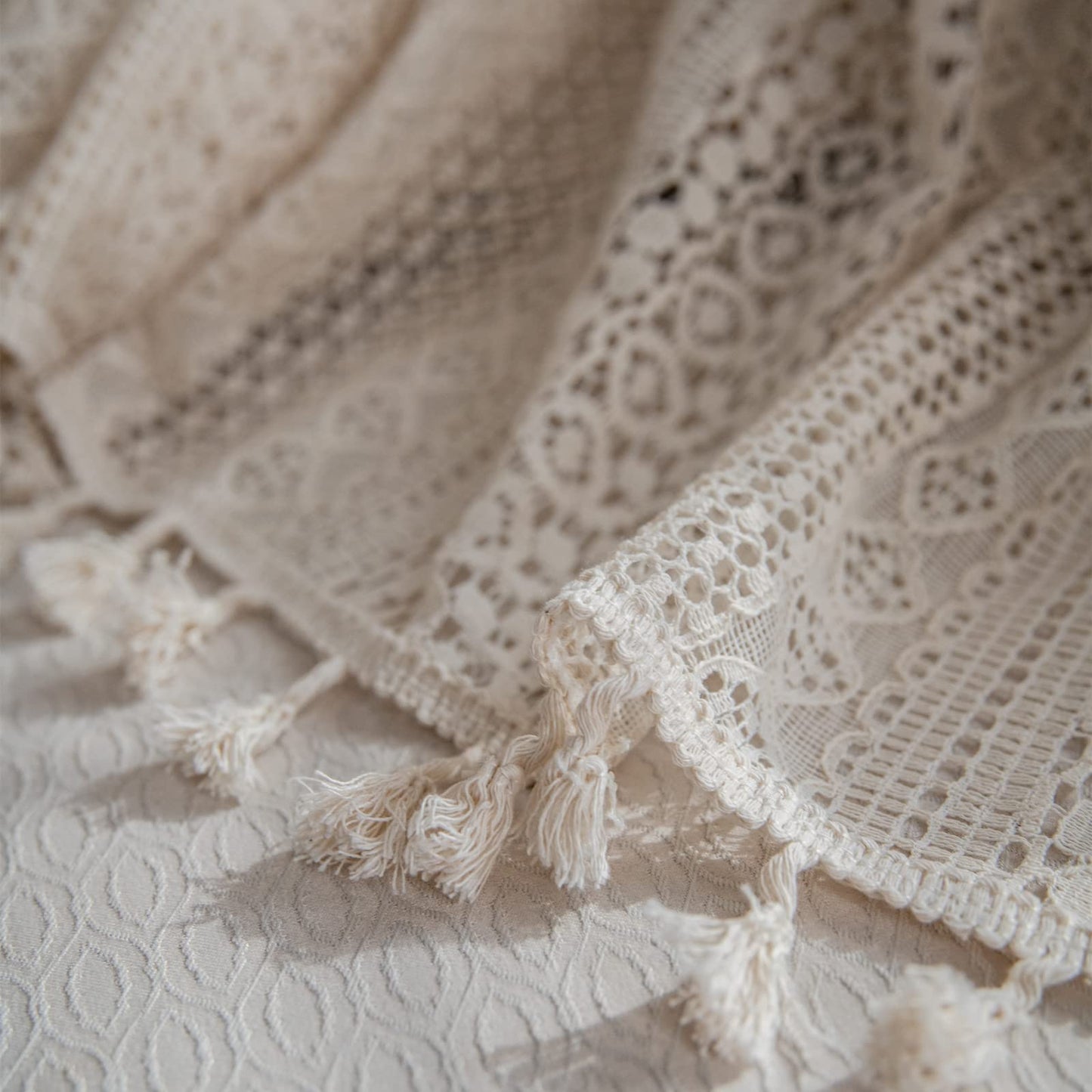 Sutuo Home Beige Boho Lace Sheer Curtains 84 inches Long,Crochet Macrame Semi-Sheer Bohemian Drape with Tassels, Cream Farmhouse Window Curtains for Living Room & Bedroom, 1 Panel 59" W,Rod Pocket