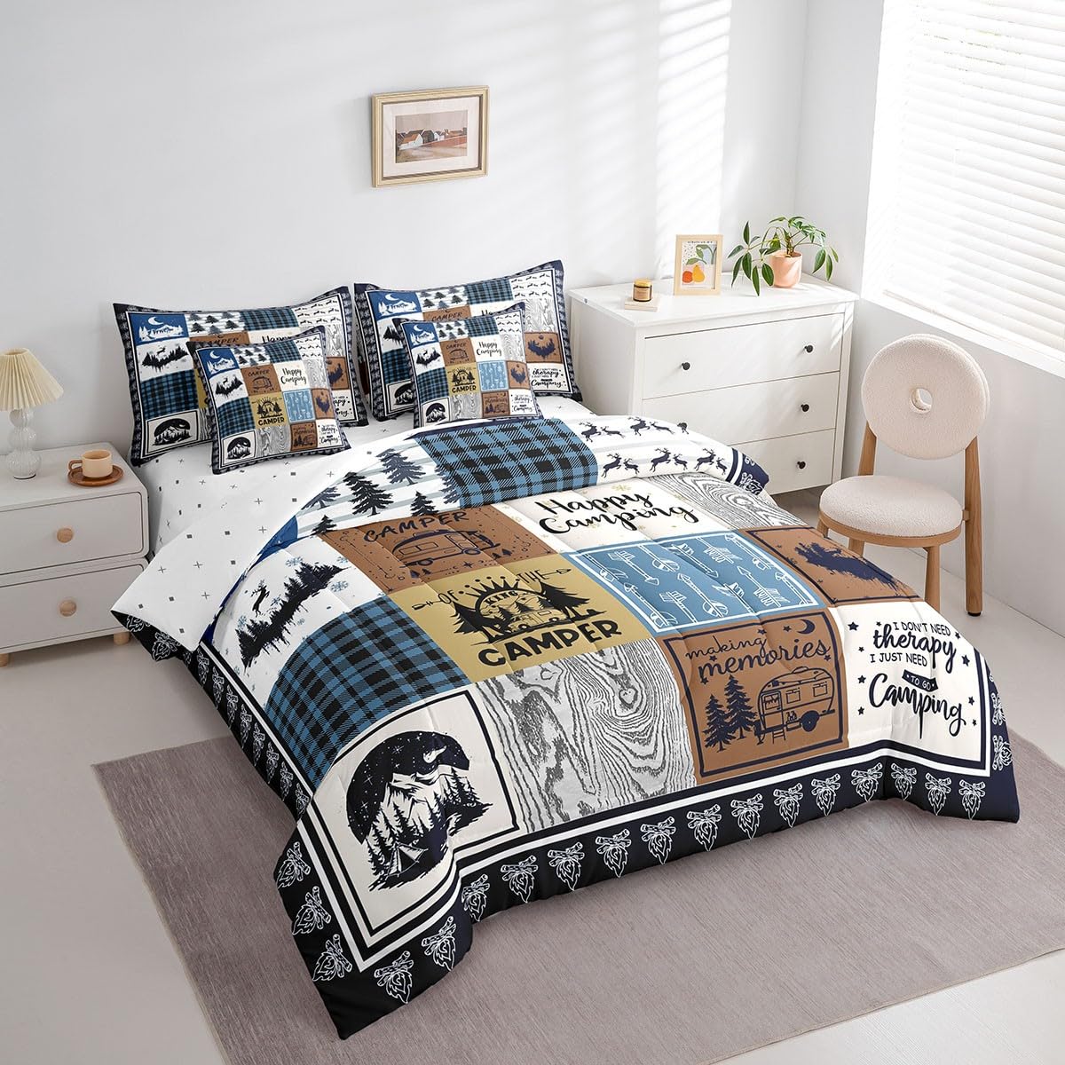 Erosebridal 7 Piece Rv Camper Bedding Set Full,Kids Happy Camping Comforter Set with Sheets,Travel Trailer Bed in a Bag Buffalo Plaid Decor,Rustic Cabin Patchwork Bed Set with Pillowcases