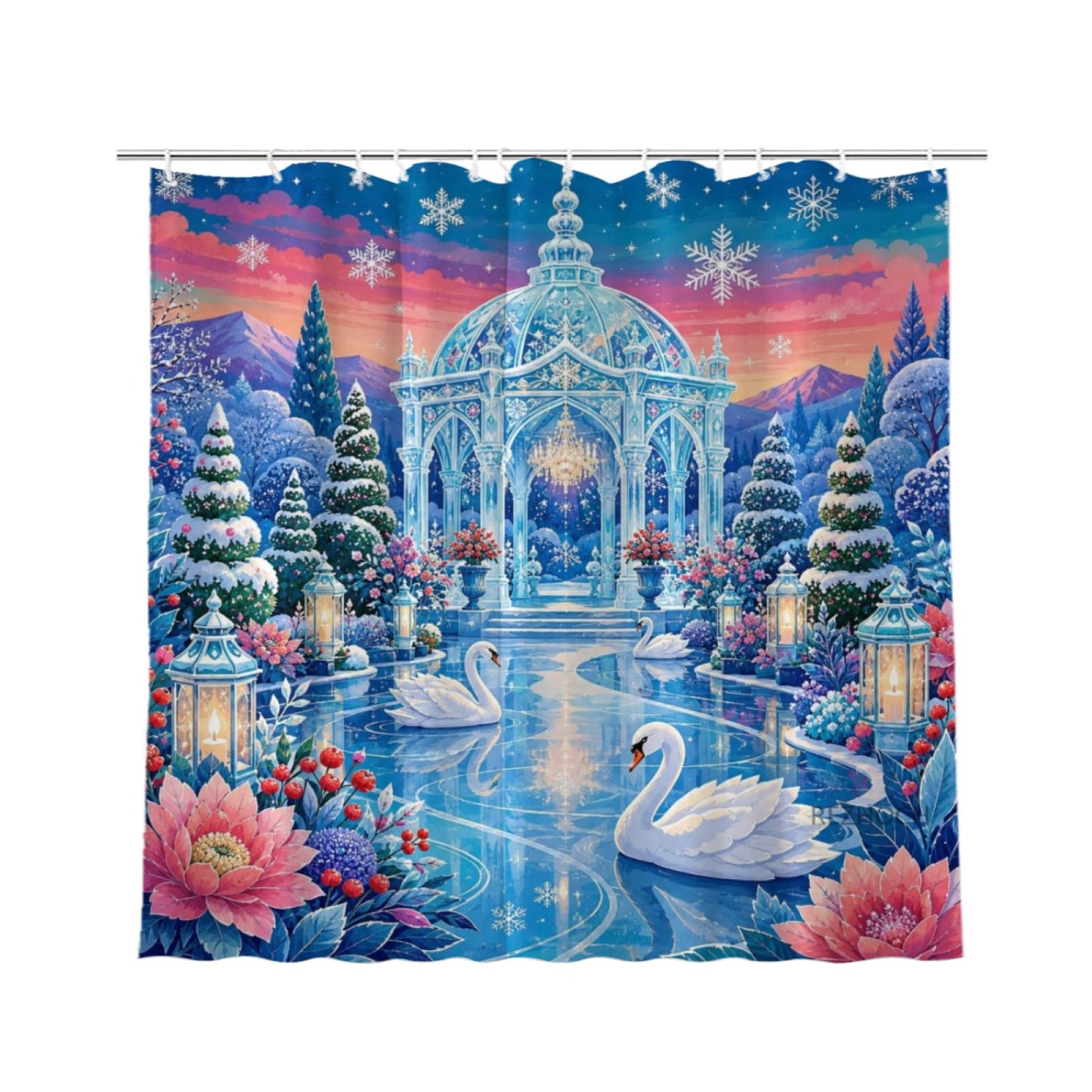 REZHOCH Frozen Swan Palace Shower Curtain 72x72 Inch,Ice Pavilion with White Swans Snowy Garden Lanterns Winter Fantasy Bathroom Decor,Bath Set with Hooks