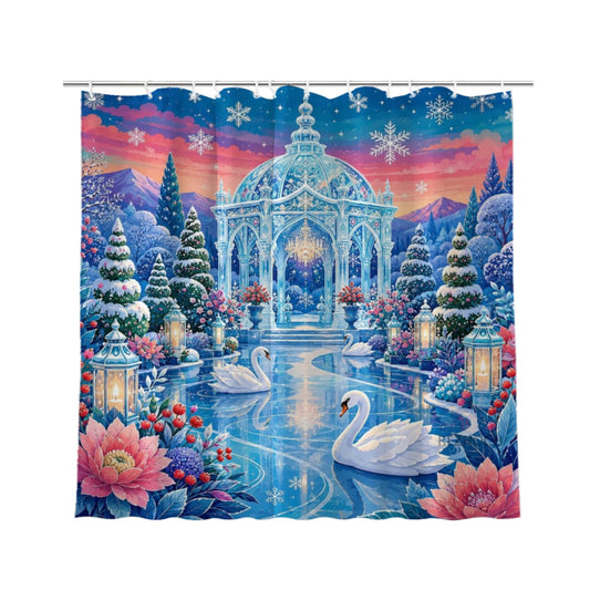 REZHOCH Frozen Swan Palace Shower Curtain 72x72 Inch,Ice Pavilion with White Swans Snowy Garden Lanterns Winter Fantasy Bathroom Decor,Bath Set with Hooks
