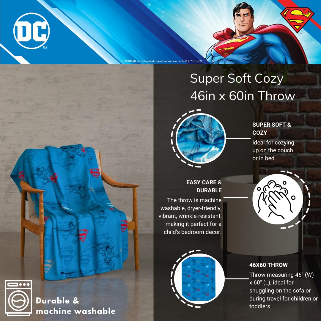 Superman DC Comics Bedding Super Soft Cozy Plush Throw, 46 in x 60 in, (Officially Licensed Product) by Franco