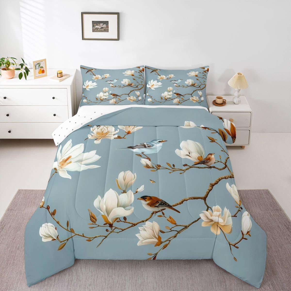 jejeloiu White Magnolia Tree Comforter Set Toddler Size Flower Floral Bedding Set for Kids Boys Girls Bird Duvet Quilt Bedroom Decor Microfiber 2 Pcs with 1 Pillow Cases