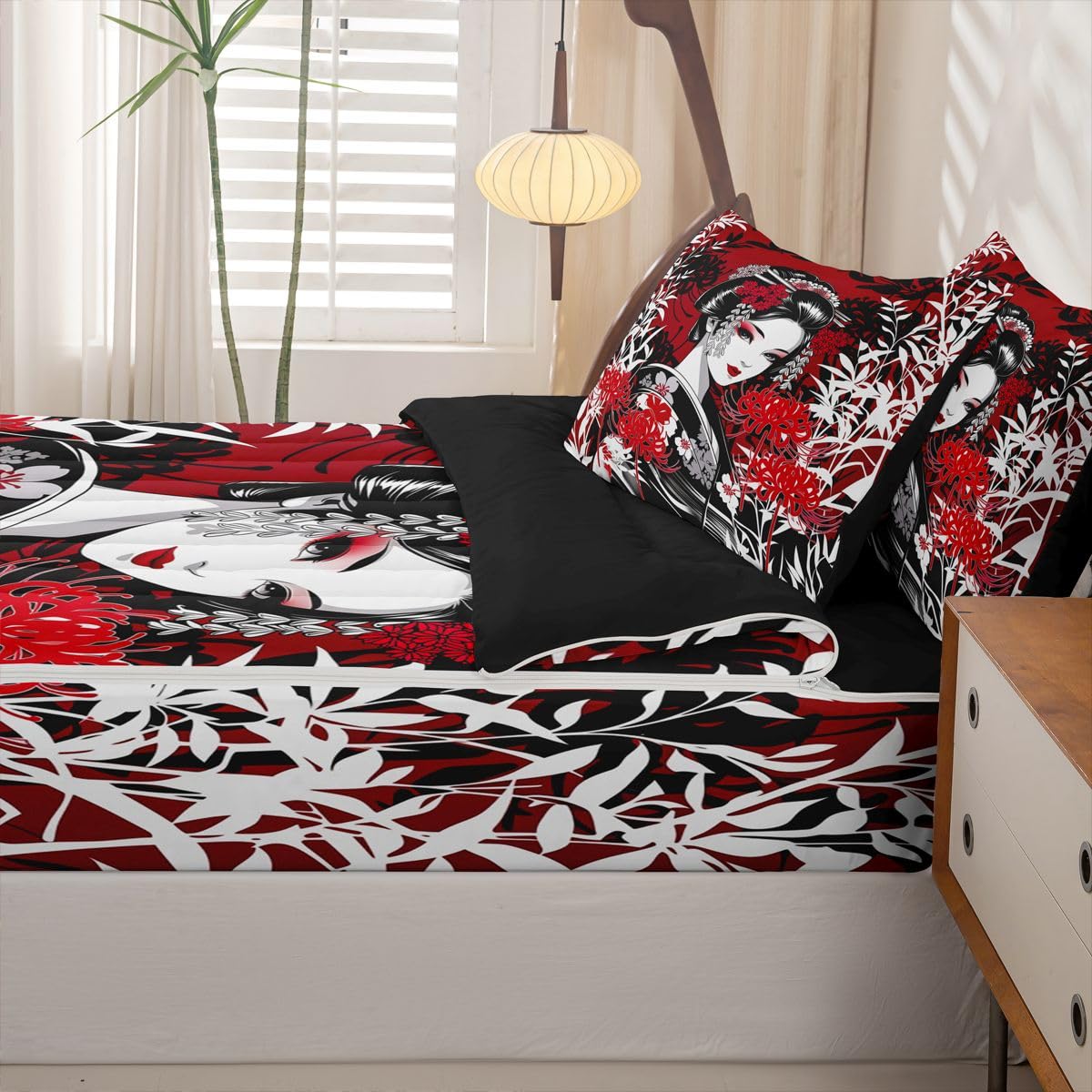 Erosebridal Geisha Beauty Kids Comforter Set with Zipper, Japanese Style Twin Size Zipper Bedding Set, Traditional Geisha Bamboo Flowers Bed-in-A-Bag