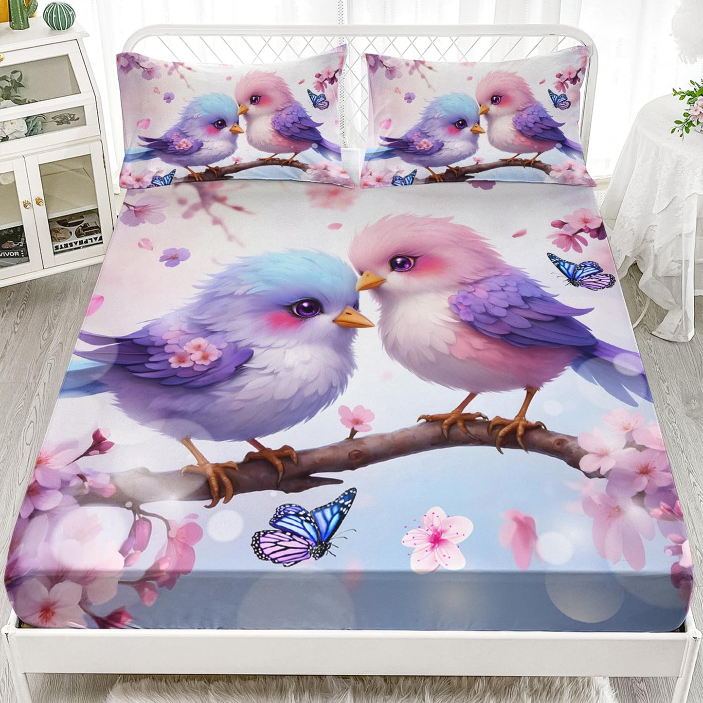 AILONEN Cute Cartoon Bird Fitted Sheet Set Twin Size,Kawaii Pink and Blue Bird Bedding Sheet 3Pcs,Romantic Flower Butterfly Animal Themed Bed Sheet Set for Boys Girls,1 Fitted Sheet + 2 Pillowcases