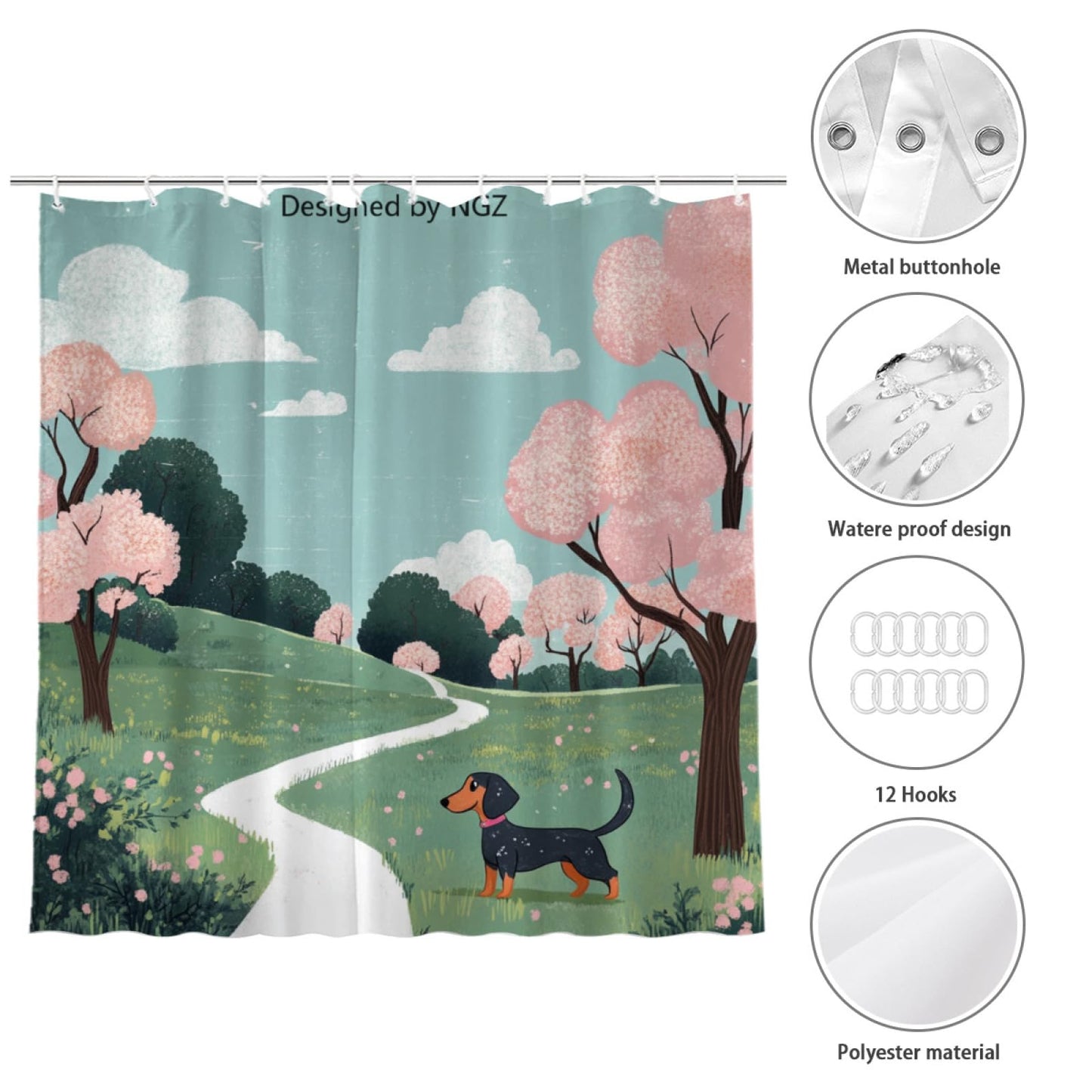 NGZ Spring Dachshund Shower Curatin Floral, 72 x 72 Inches, Spring Floral Shower Curtain Set with 12 Hooks for Bathroom Decor