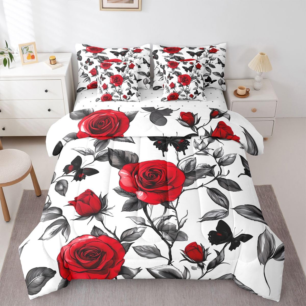 Erosebridal Red Roses Love Full Bedding Set - Romance Hearts Bed in A Bag,Romantic Gifts Comforter Sets with Sheets, Valentines Day 7 Pieces Bed Set Bedroom Decor
