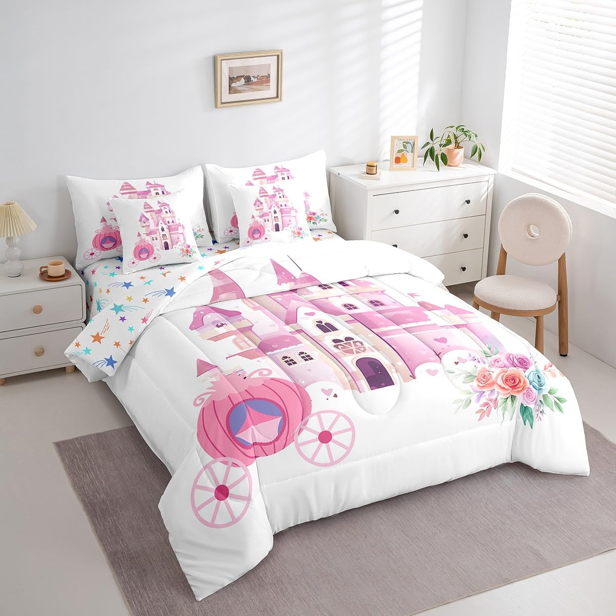 jejeloiu Pink Castle Comforter Set with Sheets Queen Size Kids Carriage 7 Pieces Bedding Set for Boys Girls Teens Dreamy Princess Decor Bed in a Bag Breathable Magic Bedroom Decor