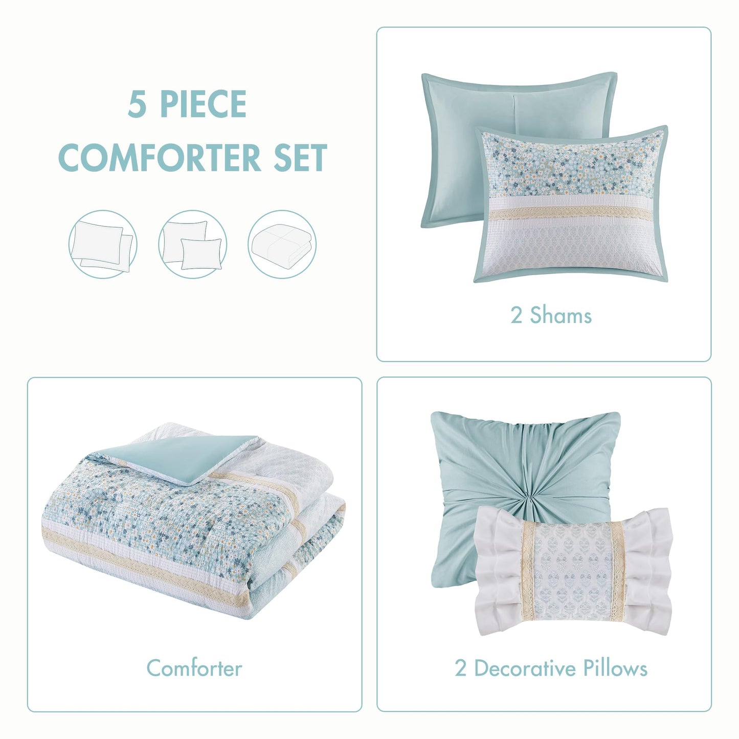 Madison Park Comforter Set, Seersucker Floral King Size Comforter Sets, Microfiber Comforters, All Season Lightweight Comforter, Throw Pillows, Caralie, King/Cal King Aqua 5 Piece