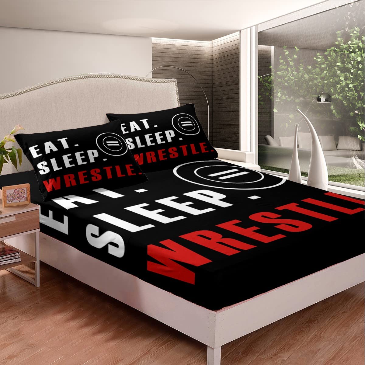 Wrestle Bed Sheet Set Sports Theme Fitted Sheet Deep Pocket Queen Size for Kids Boys Girls Teens Room Wrestling Decor Bedding Set Super Soft Bed Cover 3Pcs