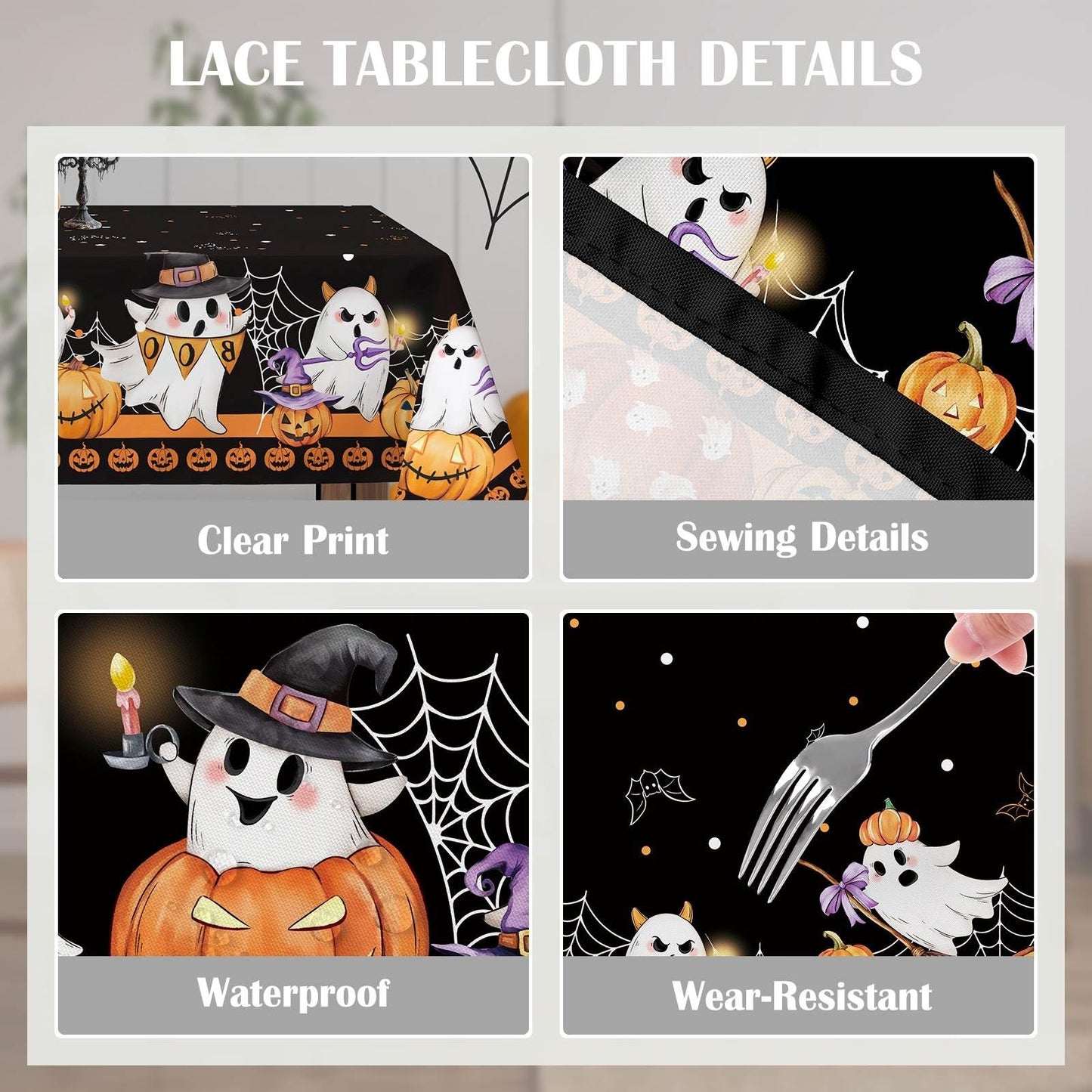 Arquiel Halloween Ghost Pumpkin Tablecloth Waterproof, Black Orange Plaid Table Cloth Rectangle, Washable Table Cover for Halloween Party Home Kitchen Decoration (60×104 Inch)